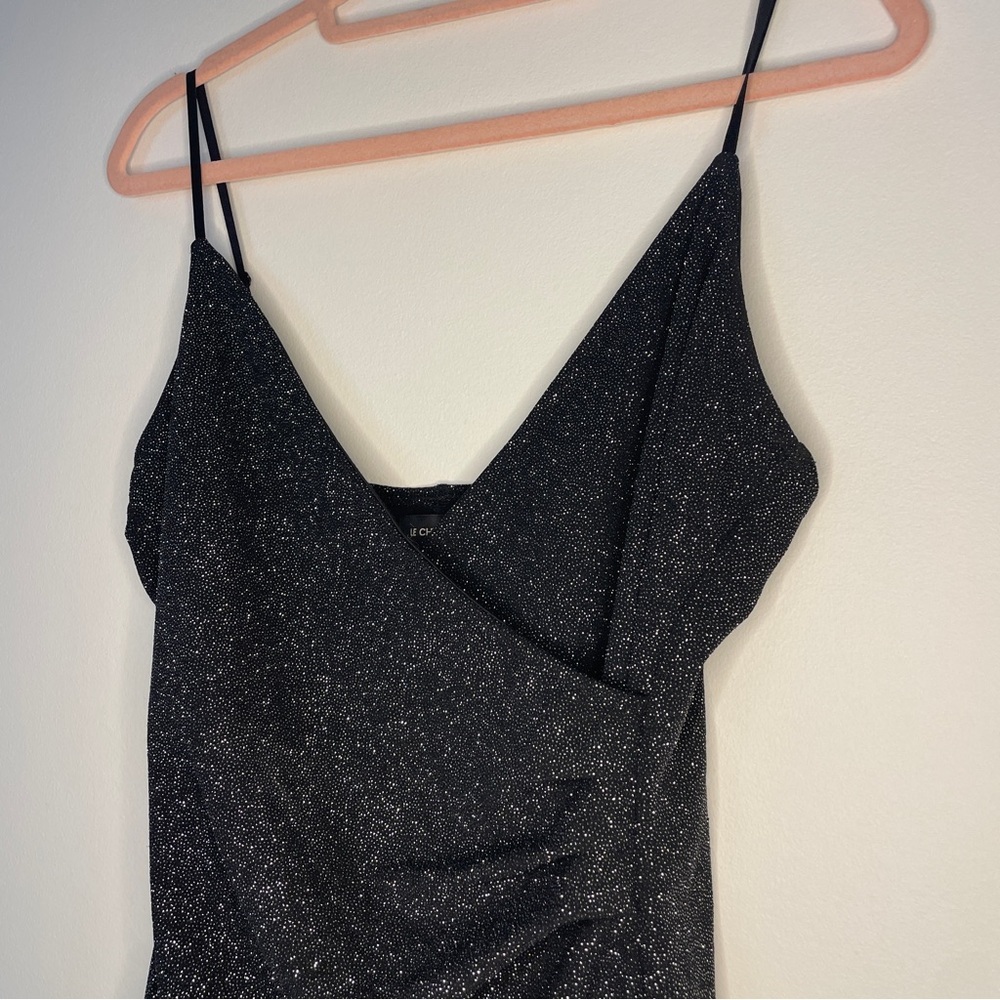 Vintage Le Chateau Black Metallic Glitter Asymmetrical Ruched Wrap Dress M - Picture 4 of 7